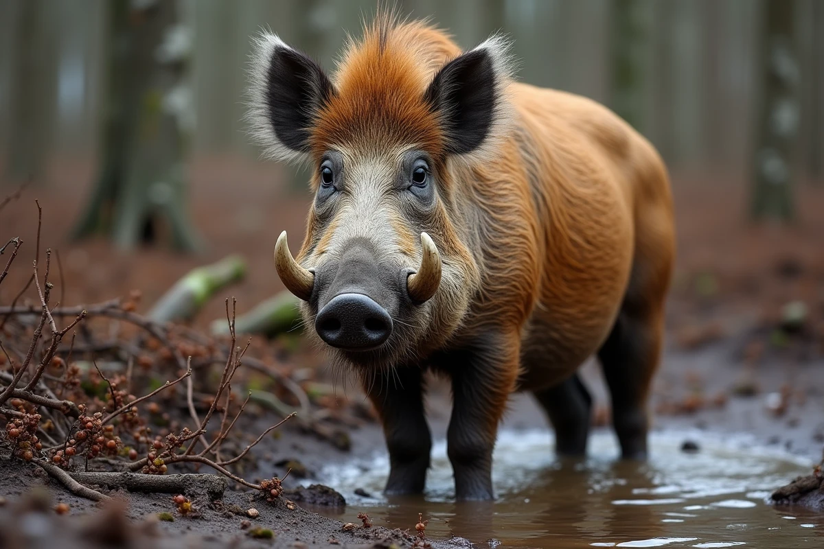 Sanglier trophée au bord d'un point d'eau montrant ses défenses et sa morphologie exceptionnelle