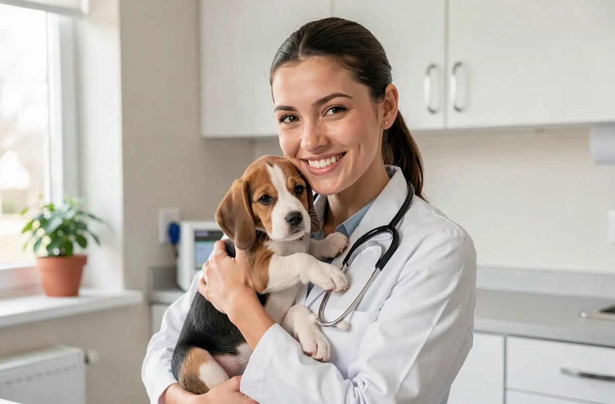 Portrait de Sara Dorothée vétérinaire tenant un chiot beagle dans sa salle de consultation du Loiret
