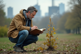 Scientifique examine une plante fanée en parc urbain