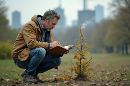 Scientifique examine une plante fanée en parc urbain