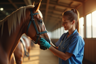 Vétérinaire administrant un vermifuge à un cheval calme