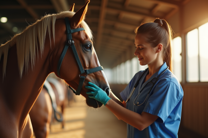Vétérinaire administrant un vermifuge à un cheval calme