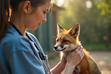 Jeune vétérinaire examinant un renard blessé en plein air
