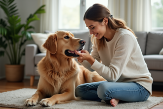 Femme appliquant un baume à un chien golden retriever à la maison