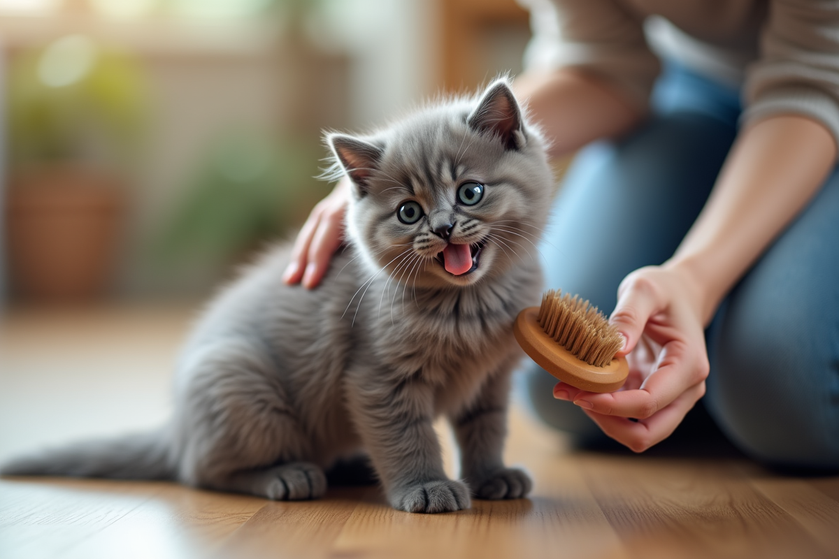 Personne brossant un chaton angora gris sur un sol en bois