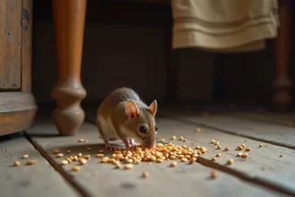 Petite souris curieuse dans une cuisine rustique avec grains