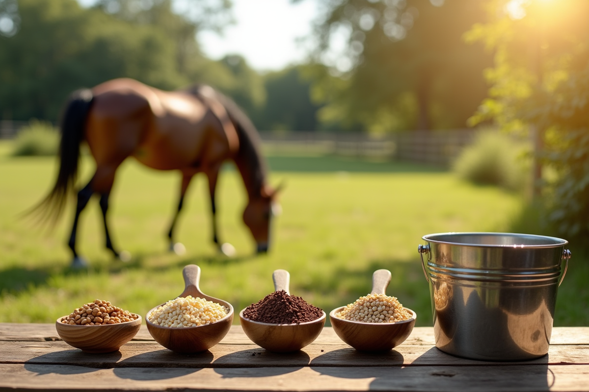 Table en bois avec compléments pour chevaux et cheval paissant