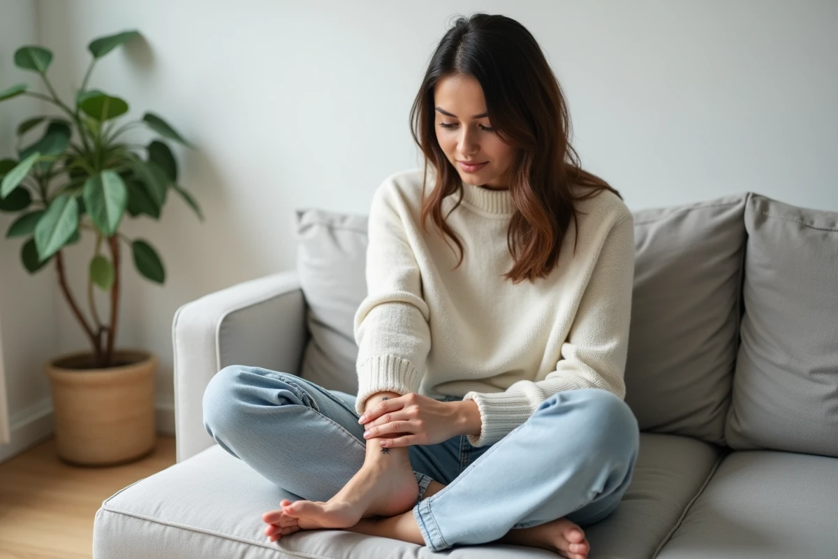Femme assise sur un canapé scandinave révélant un tatouage minimaliste de chien en noir et gris sur la cheville
