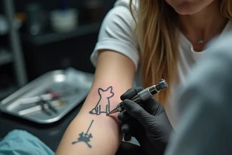 Tatoueur travaillant sur un tatouage minimaliste de chien en noir et gris sur l'avant-bras d'une femme dans un studio professionnel