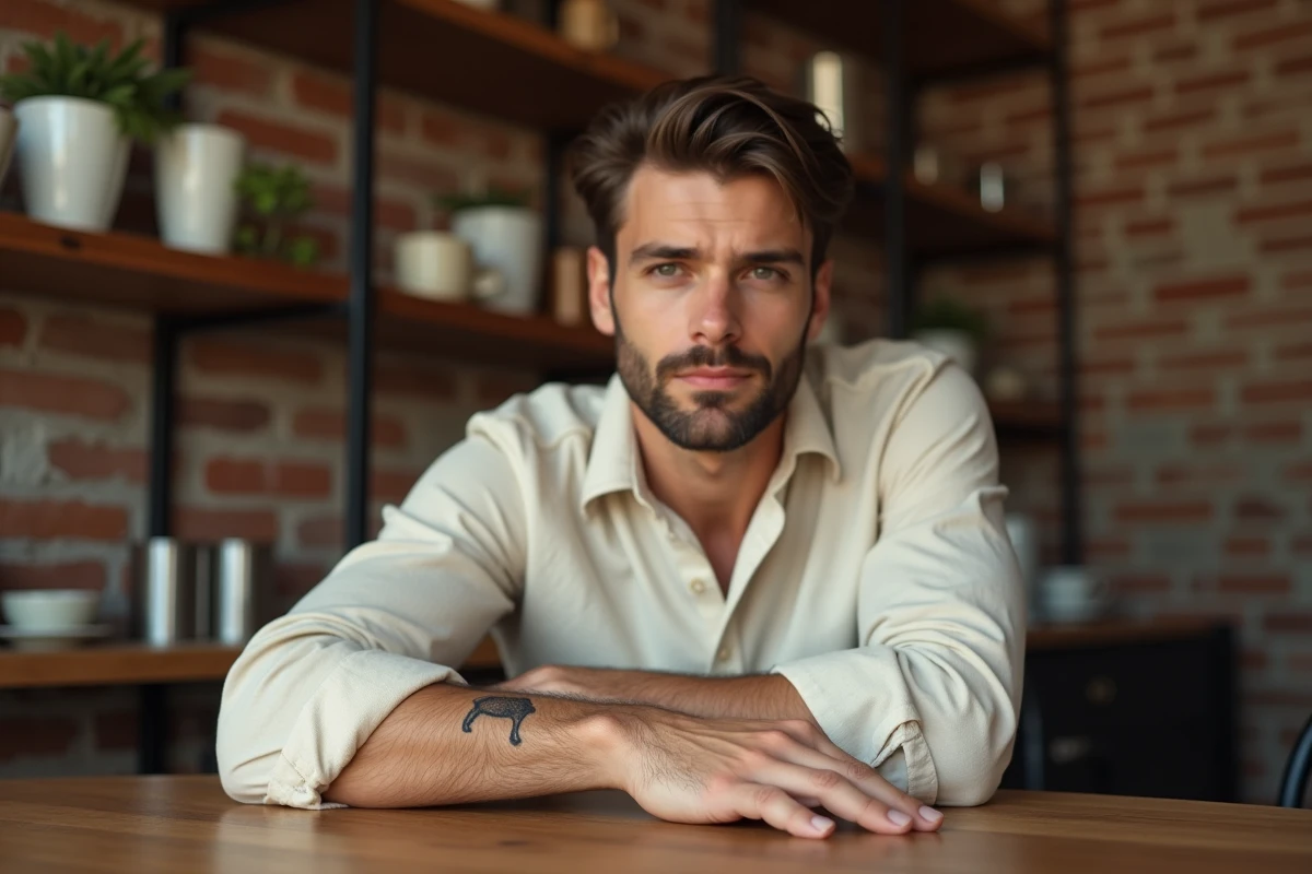 Homme montrant son tatouage minimaliste de chien en noir et gris sur le poignet dans un café urbain