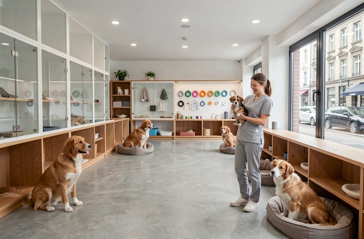 Espace animalier moderne Terranimo à Colmar avec chiens en pension et employée souriante tenant un chiot