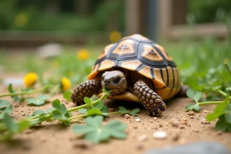 Petite tortue de Hermann broutant des feuilles de pissenlit et du trèfle frais dans un enclos naturel avec sable et pierres plates
