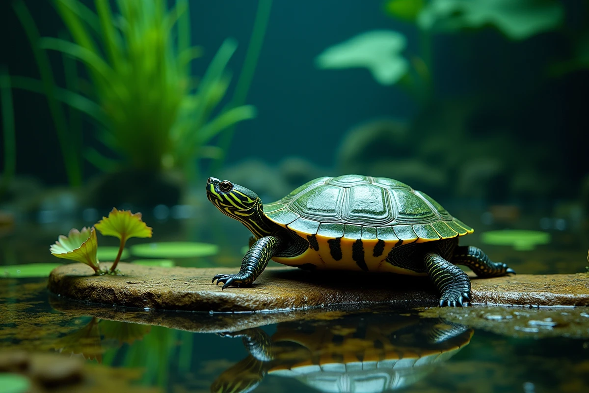 Tortue à oreilles rouges de taille moyenne reposant sur une plateforme en bois entourée de plantes aquatiques dans un grand terrarium
