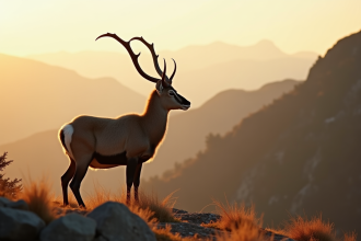 Urial sauvage sur un hillside au lever du soleil