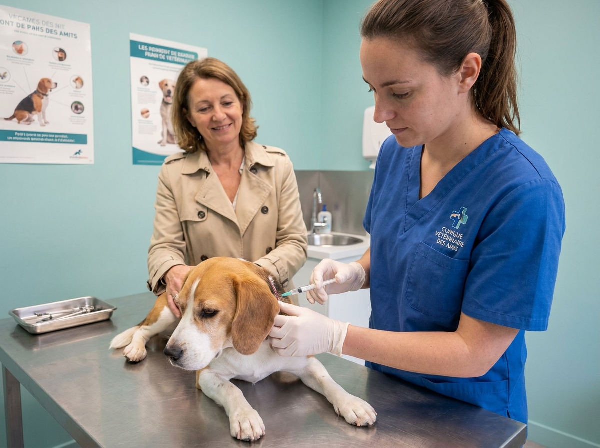 Technicienne vétérinaire administrant un vaccin à un chien dans une clinique vétérinaire à Paris 11