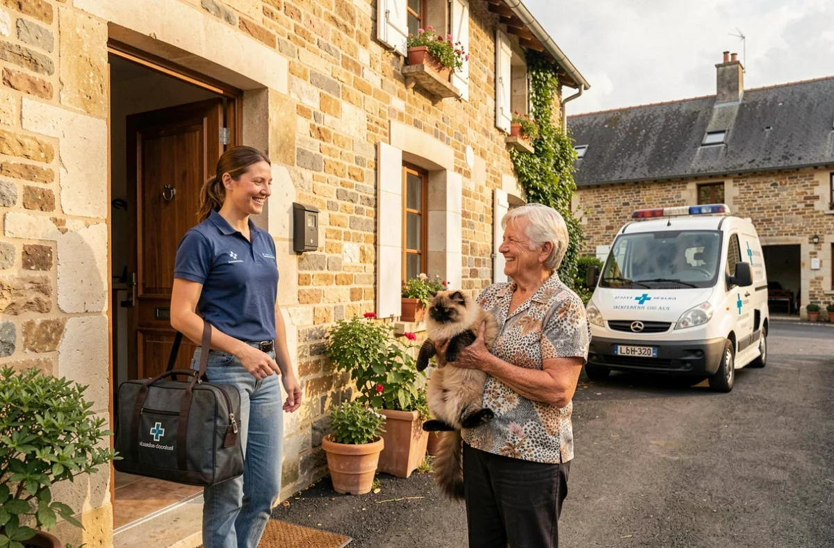 Vétérinaire à domicile du service Vet'Mobile arrivant chez une cliente avec son chat dans le Loiret