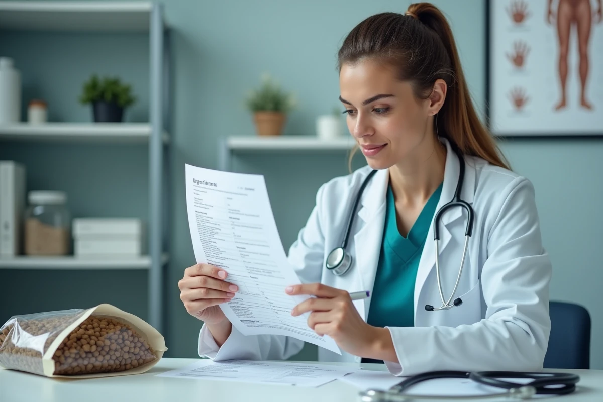 Vétérinaire en clinique analysant la liste des ingrédients de croquettes pour chien avec un stylo