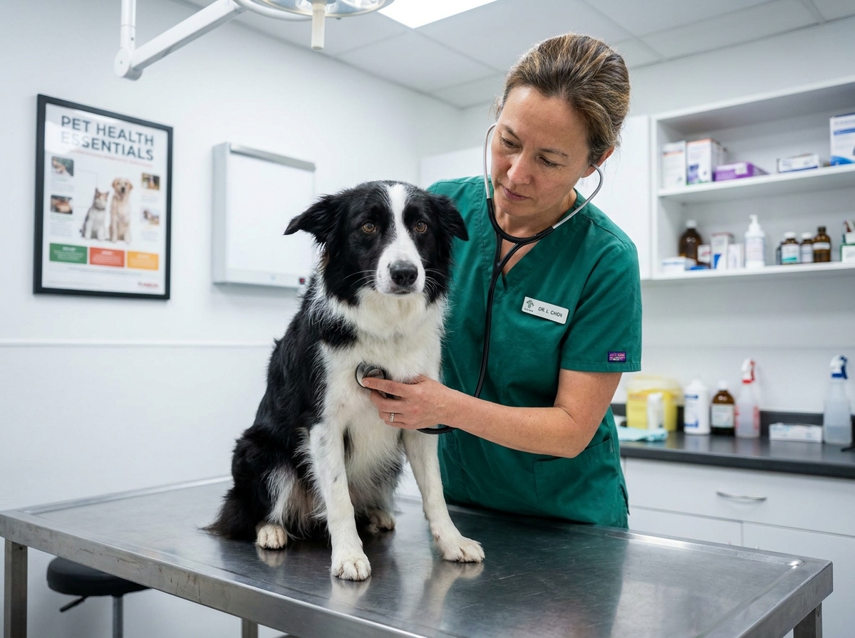 Vétérinaire examinant un border collie dans une clinique vétérinaire propre et professionnelle