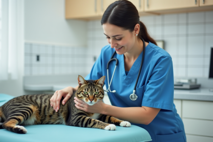 Vétérinaire caressant un chat âgé dans la clinique