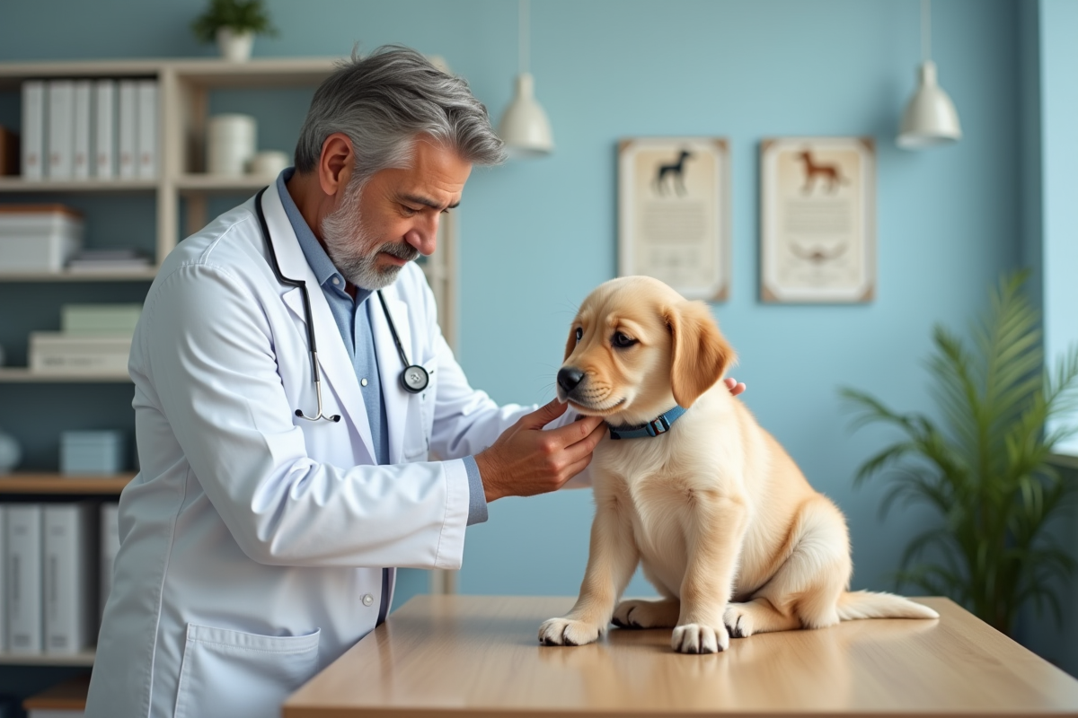 Vétérinaire examine un chiot golden retriever dans une clinique
