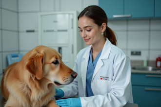 Vétérinaire examinant un golden retriever dans une clinique