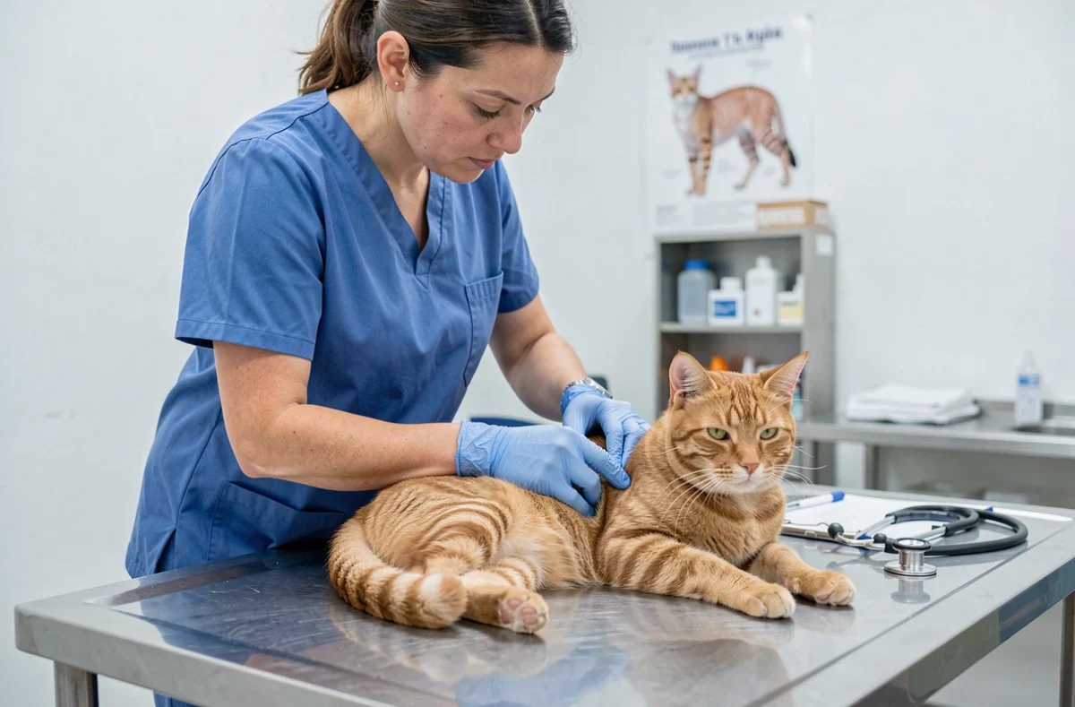 Vétérinaire examinant un chat roux sur une table d'auscultation en inox dans une clinique vétérinaire
