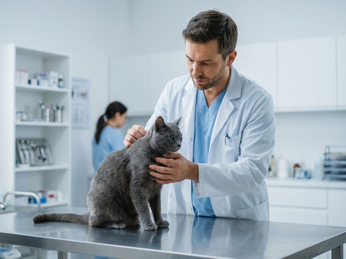 Vétérinaire examinant un chat gris sur une table d'auscultation dans une clinique vétérinaire moderne