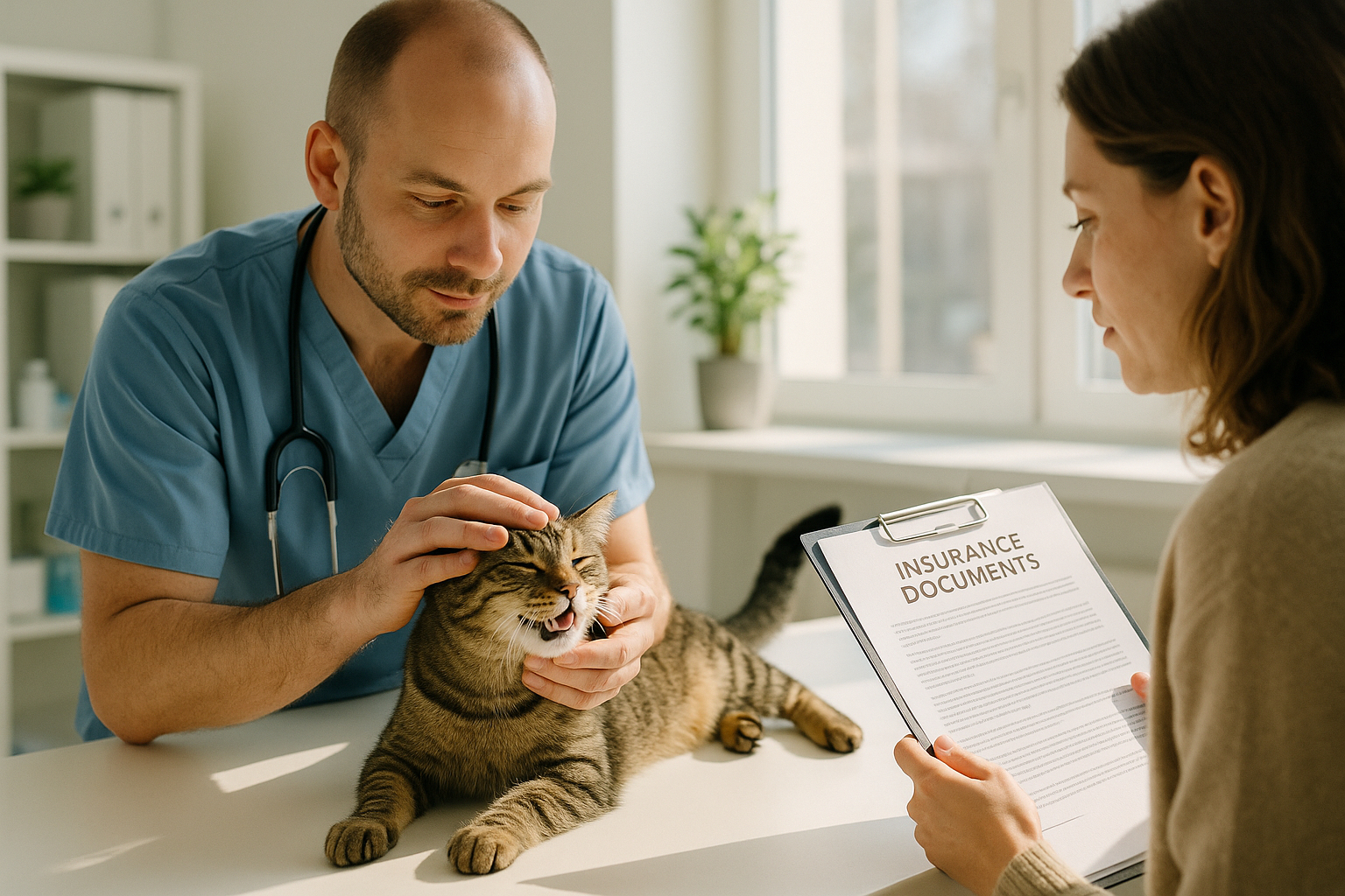 Vétérinaire examine un chat dans une clinique lumineuse