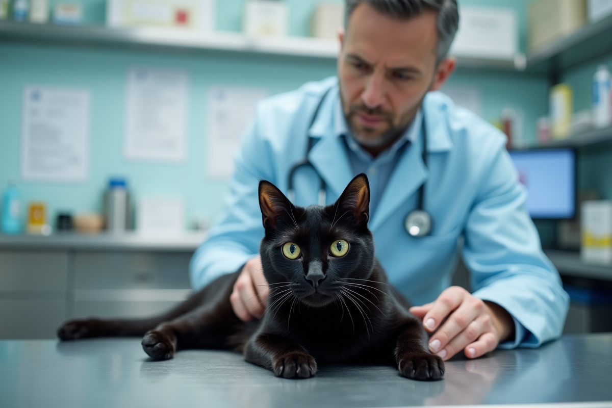 Vétérinaire examinant un chat noir dans une clinique vétérinaire