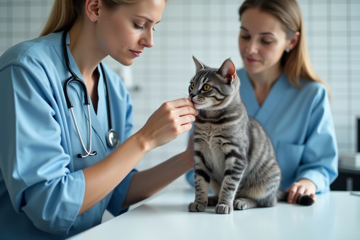 Vétérinaire examine un chat gris en clinique