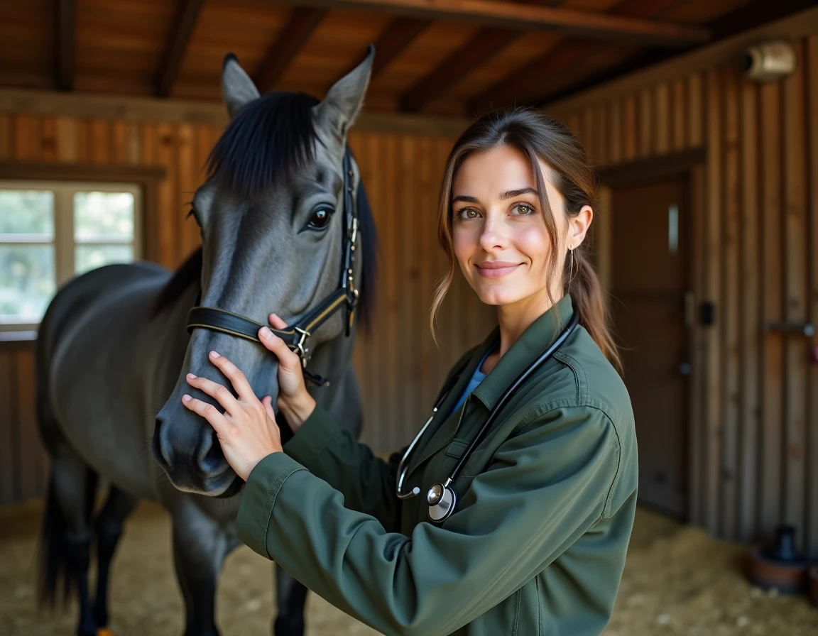 Vétérinaire examinant un cheval gris dans une écurie, contrôle de santé lié à la longévité équine