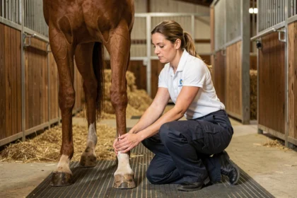 Vétérinaire équine examinant les membres enflés d'un cheval après un transport, palpation du boulet en écurie