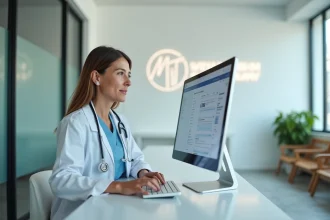 Vétérinaire utilisant le logiciel GmVet sur un écran tactile dans une clinique vétérinaire moderne
