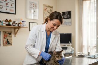 Vétérinaire de quartier examinant un chat dans une clinique vétérinaire à Paris 11