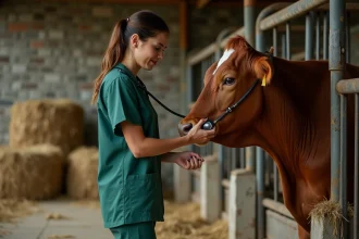 Vétérinaire rurale examinant une vache laitière dans une étable traditionnelle en pierre, clinique mixte terrain GMVET