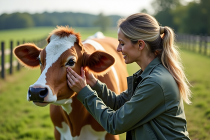 Vétérinaire examinant une vache dans un pré vert