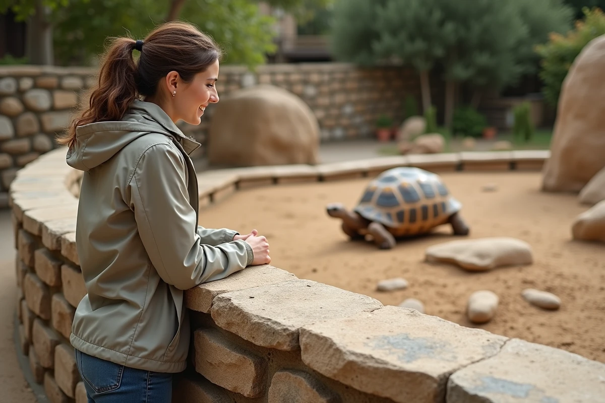 Visiteuse souriante devant l'enclos des tortues au zoo d'Annecy